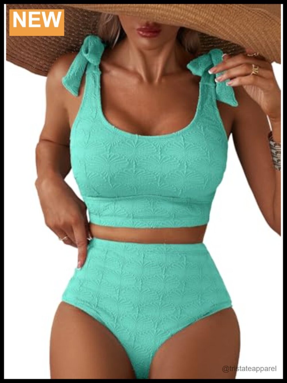 High Waisted 2 Piece Seashell Textured Bikini Set Tie Shoulder Swimwear